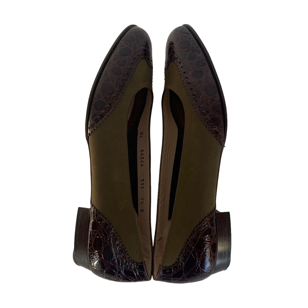 Salvatore Ferragamo Size 7.5 Dark Brown Leather and Olive Green Suede Loafers - Picture 3 of 8